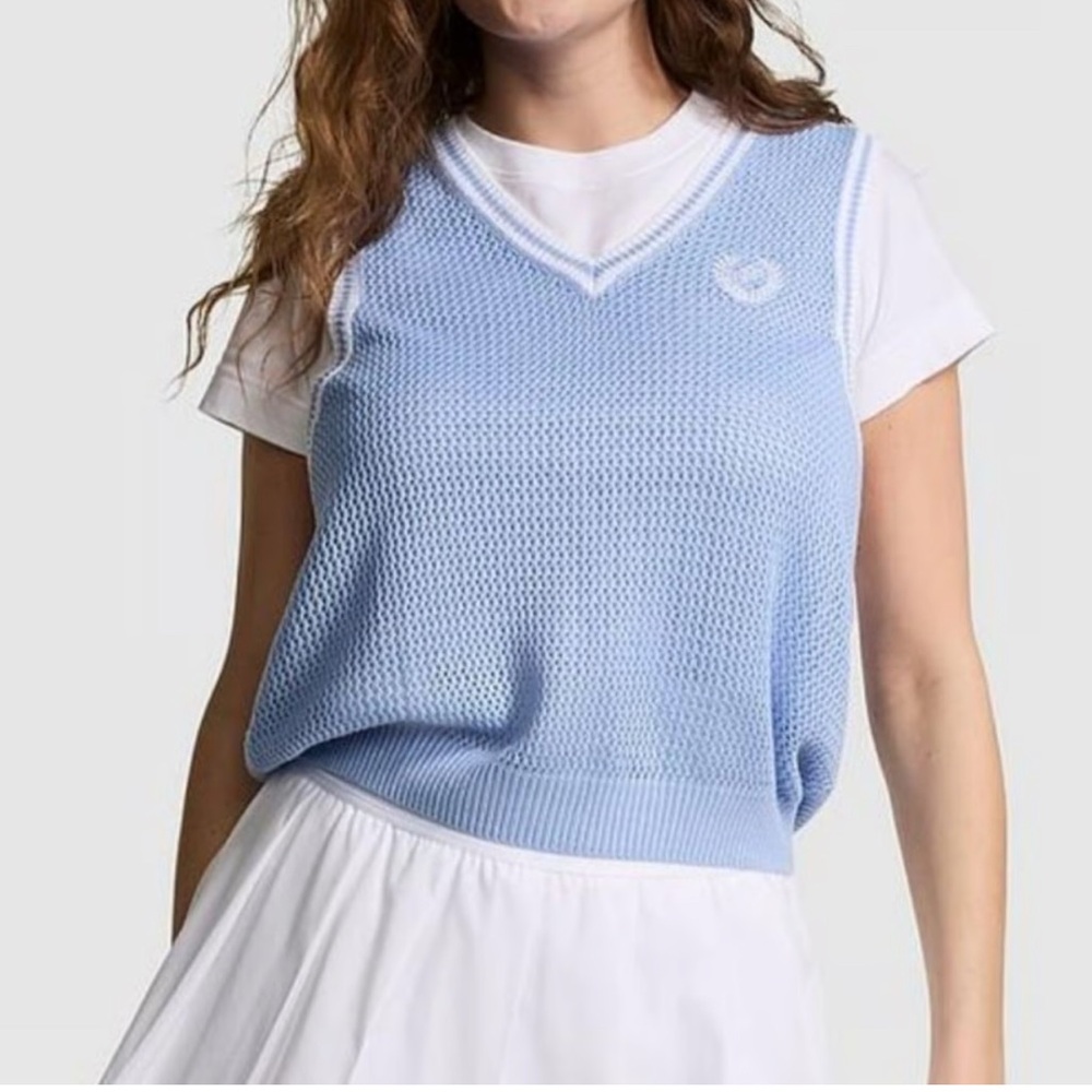 PINK Victoria's Secret Cambridge Knit Cropped Sweater Vest Blue M 0006